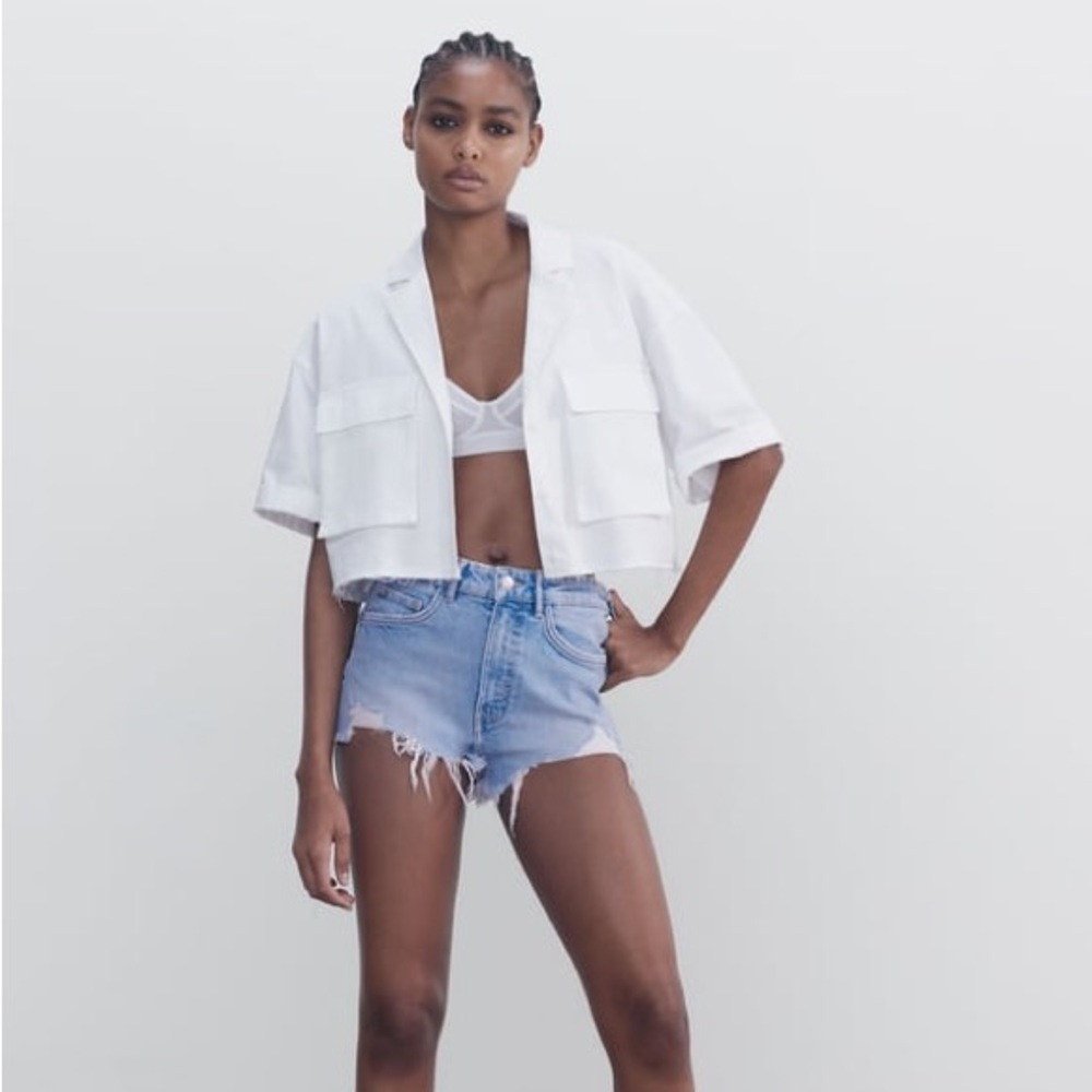 Zara Hi Rise Denim Shorts in Light Blue